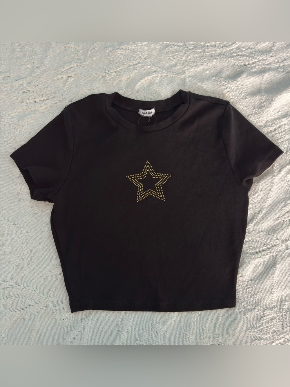 Garage Black and Gold Short Sleeve Scoop Baby Tee Graphic Studded Star Small
